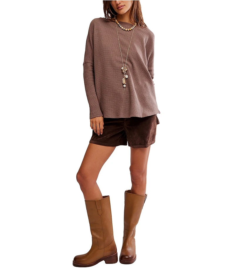 Free People Latte Blues Thermal Mock Neck Long Sleeve Waffle Knit Top
