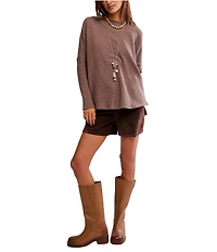 Free People Latte Blues Thermal Mock Neck Long Sleeve Waffle Knit Top