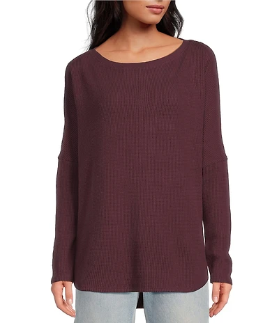 Free People Latte Blues Thermal Mock Neck Long Sleeve Waffle Knit Top