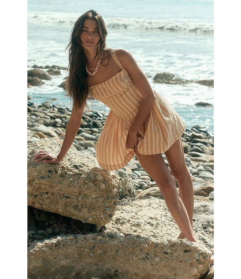 Free People Laurel Stripe Print Square Neck Sleeveless Drop Waist Mini Dress