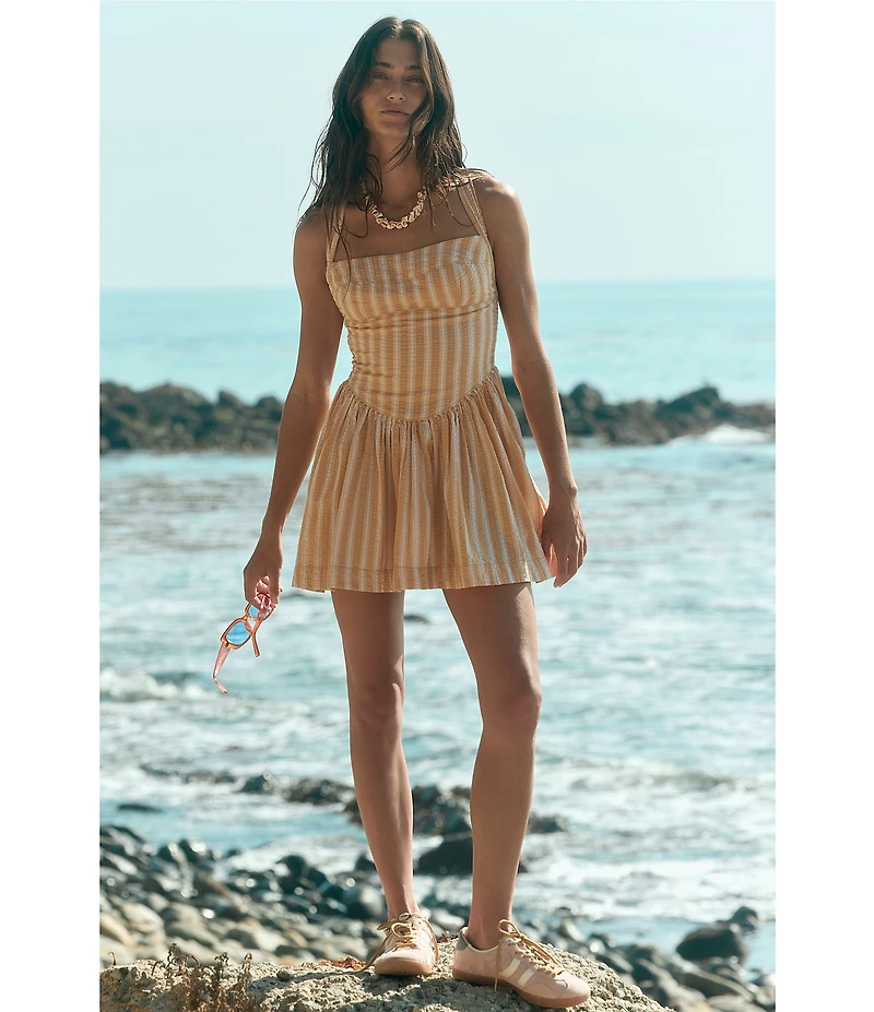 Free People Laurel Stripe Print Square Neck Sleeveless Drop Waist Mini Dress