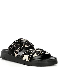 Free People Leo Studded Leather Cow Print Banded Flat Slide Sandals