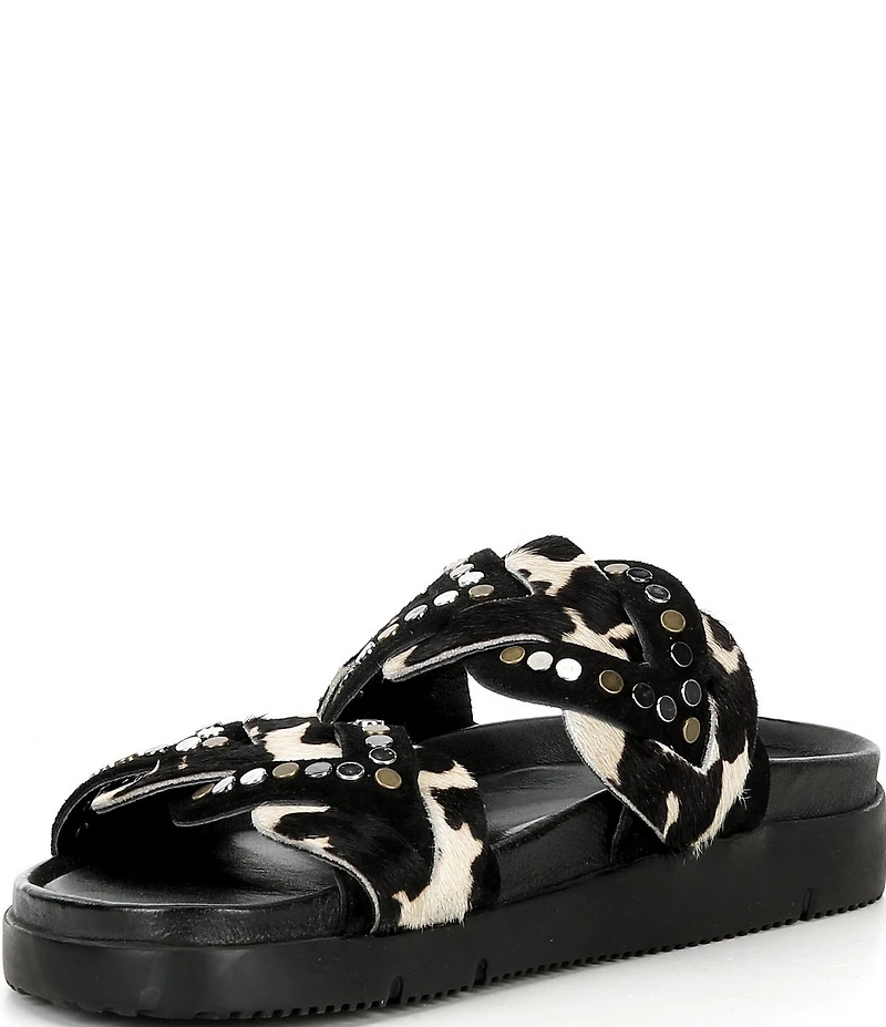Free People Leo Studded Leather Cow Print Banded Flat Slide Sandals