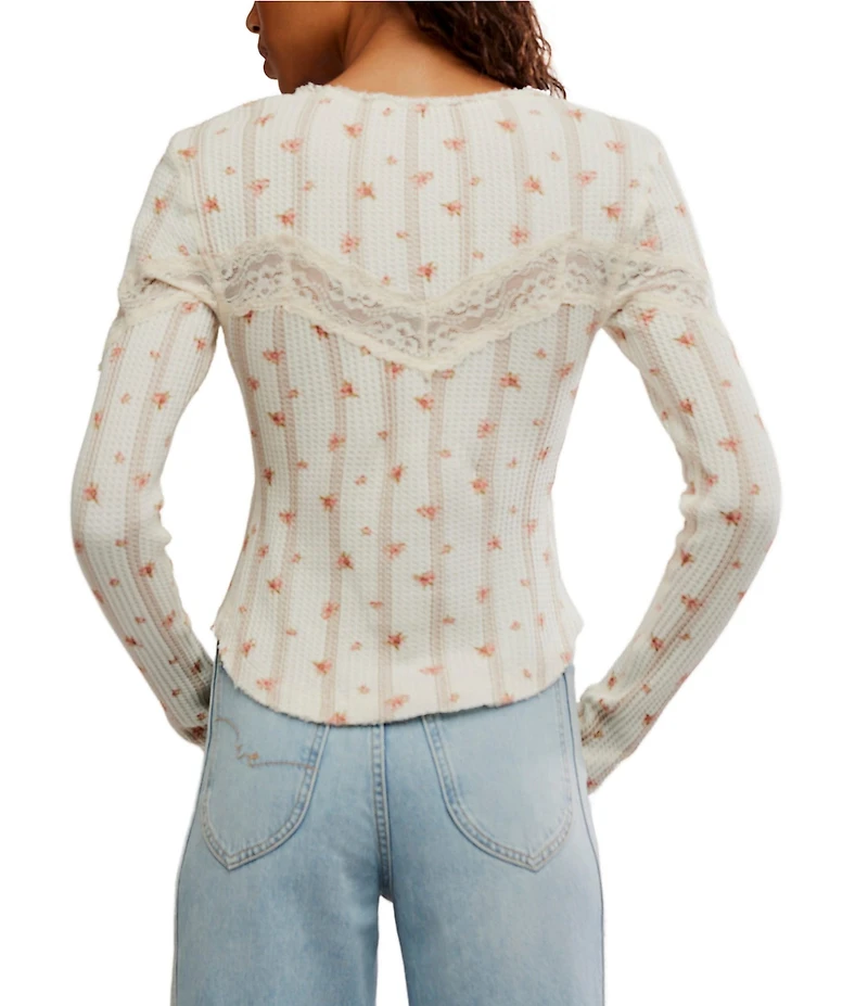 Free People Lets Party Cardi Floral Print Waffle Knit Square Neck Long Sleeve Button Front Lace Trim Top