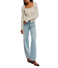 Free People Lets Party Cardi Floral Print Waffle Knit Square Neck Long Sleeve Button Front Lace Trim Top