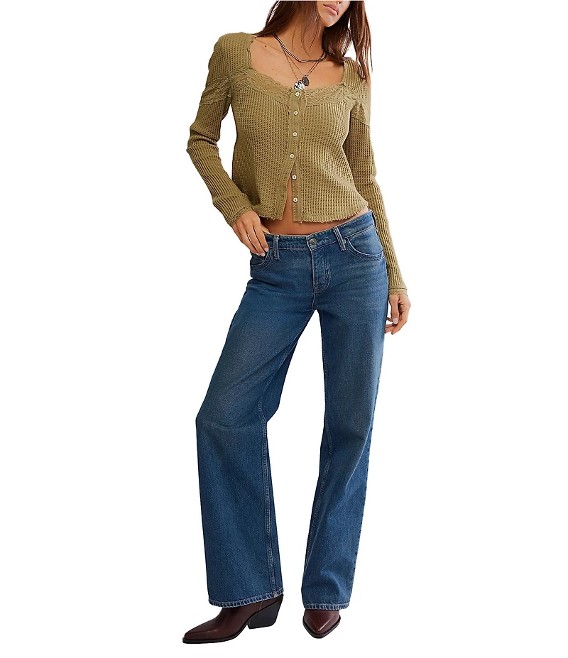 Free People Lets Party Cardi Square Neck Long Sleeve Waffle Knit Top