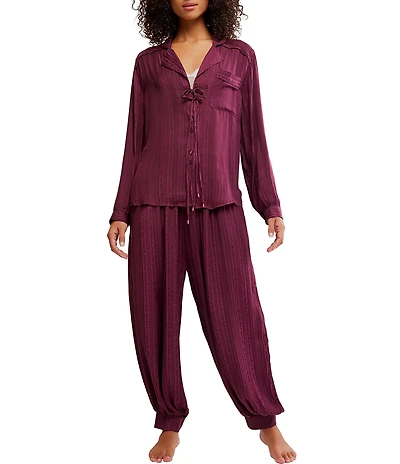 Free People Lets Sleep In Satin Long Sleeve Notch Collar Flowy Pajama Set