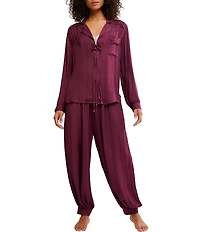 Free People Lets Sleep In Satin Long Sleeve Notch Collar Flowy Pajama Set