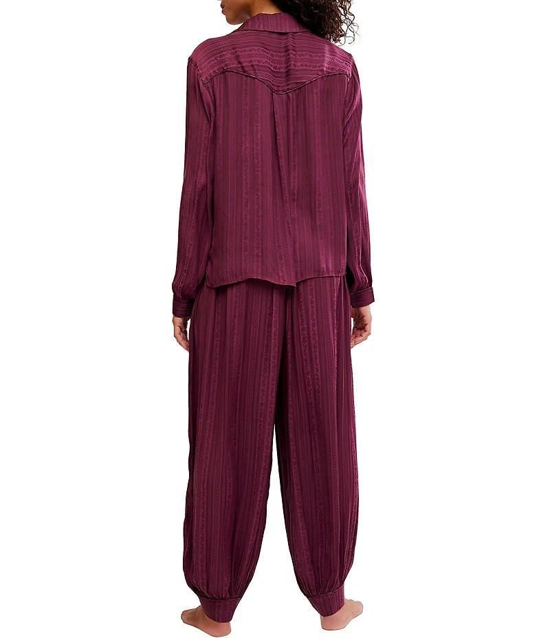 Free People Lets Sleep In Satin Long Sleeve Notch Collar Flowy Pajama Set