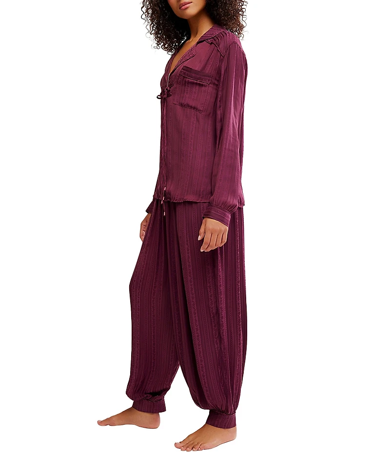 Free People Lets Sleep In Satin Long Sleeve Notch Collar Flowy Pajama Set