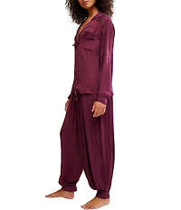 Free People Lets Sleep In Satin Long Sleeve Notch Collar Flowy Pajama Set