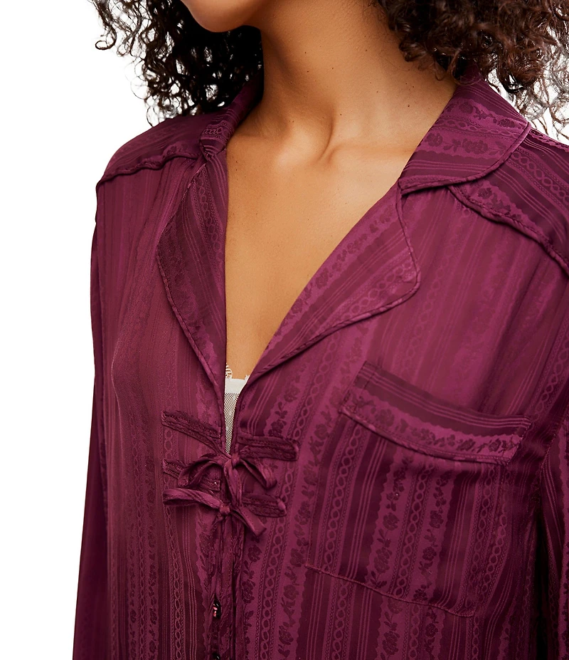 Free People Lets Sleep In Satin Long Sleeve Notch Collar Flowy Pajama Set