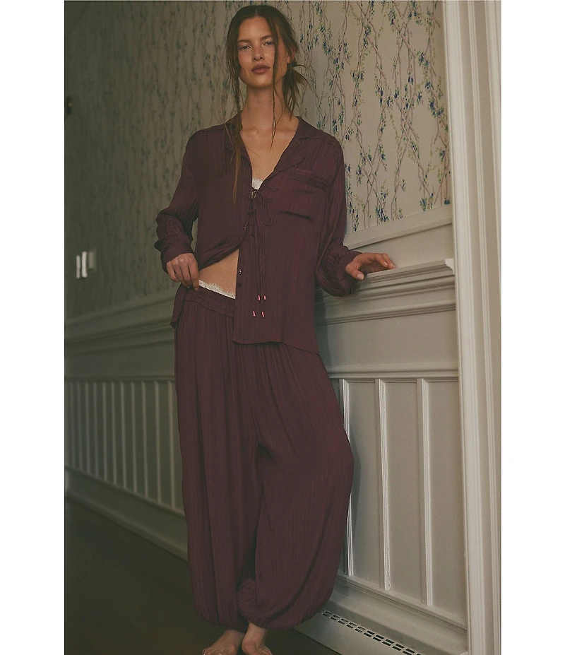 Free People Lets Sleep In Satin Long Sleeve Notch Collar Flowy Pajama Set