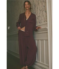 Free People Lets Sleep In Satin Long Sleeve Notch Collar Flowy Pajama Set