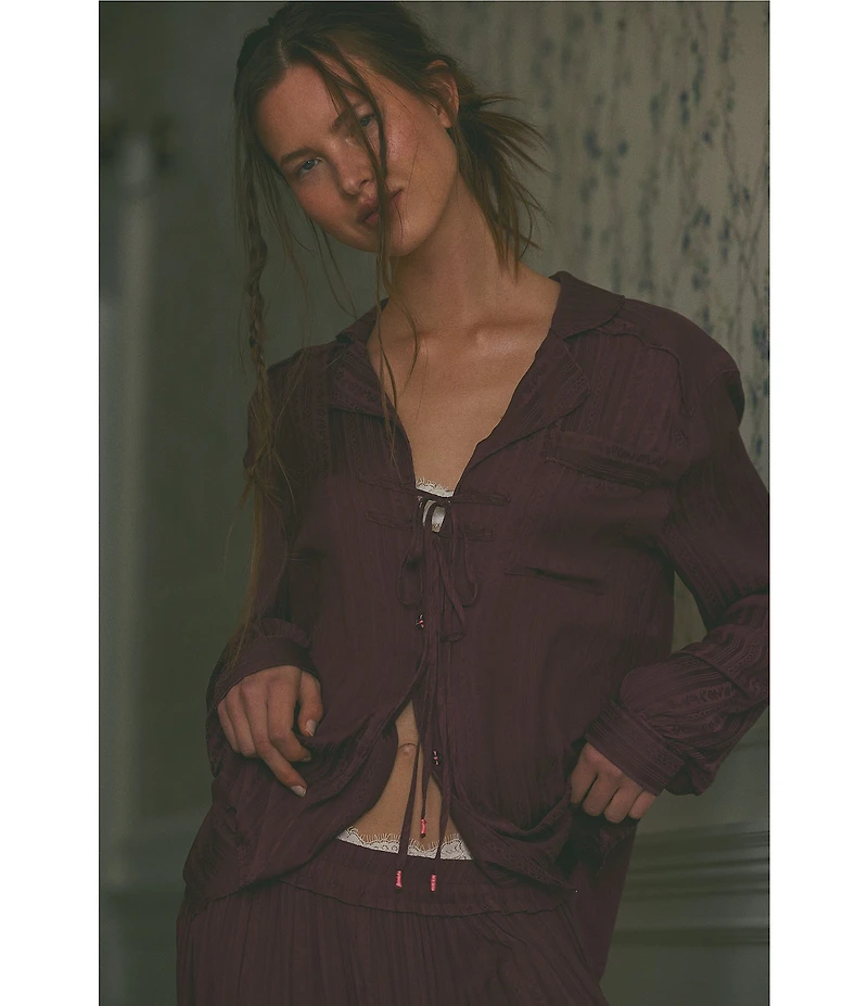 Free People Lets Sleep In Satin Long Sleeve Notch Collar Flowy Pajama Set