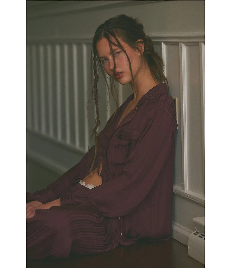 Free People Lets Sleep In Satin Long Sleeve Notch Collar Flowy Pajama Set