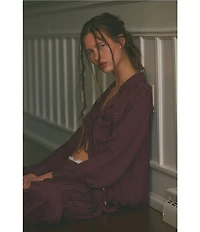 Free People Lets Sleep In Satin Long Sleeve Notch Collar Flowy Pajama Set