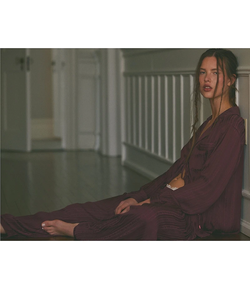 Free People Lets Sleep In Satin Long Sleeve Notch Collar Flowy Pajama Set