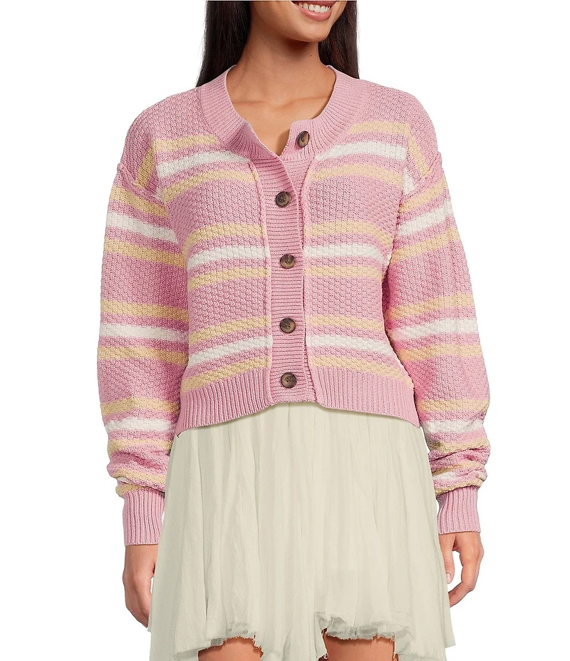 Free People Lila Stripe Crew Neck Long Sleeve Cardigan