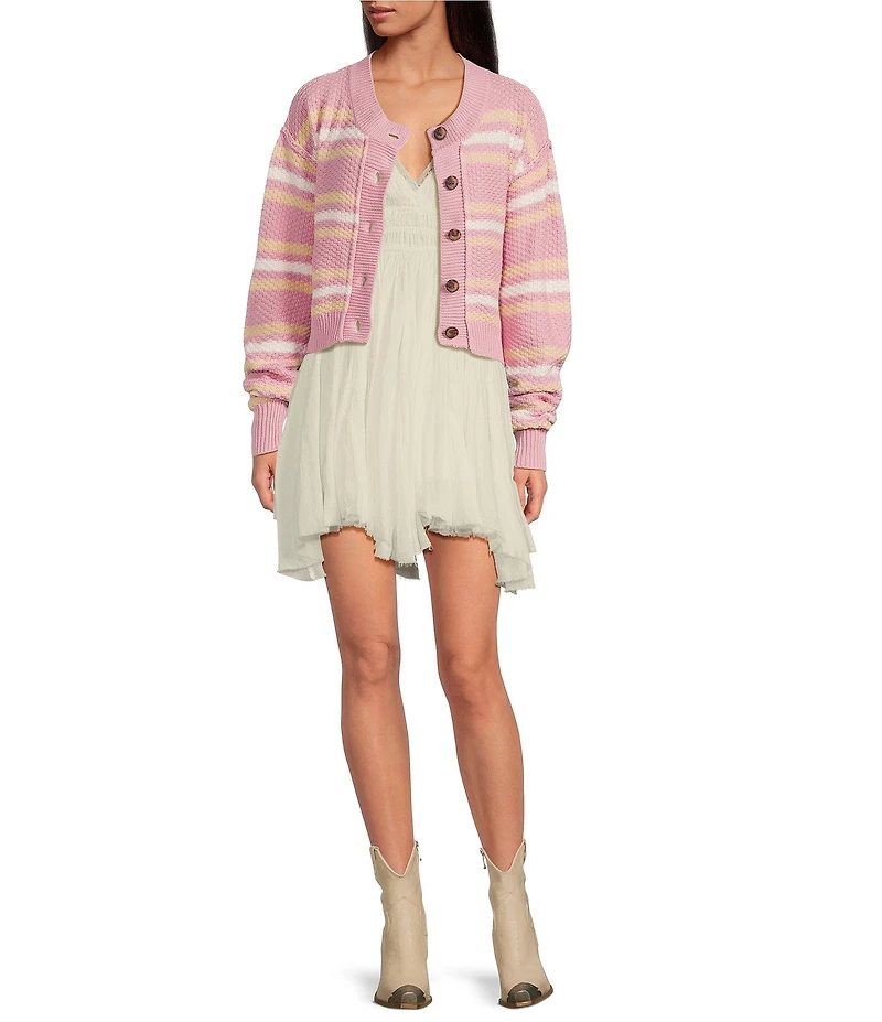 Free People Lila Stripe Crew Neck Long Sleeve Cardigan