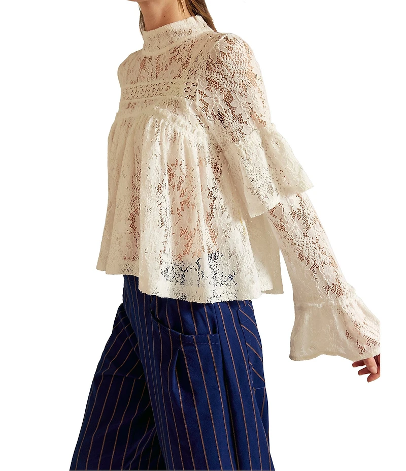 Free People Lilabeth Sheer Lace Mock Neck Long Flared Sleeve Top