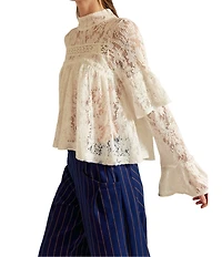 Free People Lilabeth Sheer Lace Mock Neck Long Flared Sleeve Top