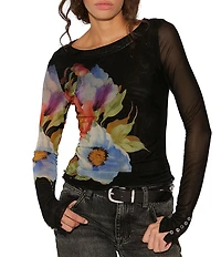Free People Lilly Floral Printed Boat Neck Long Sleeve Mesh Top