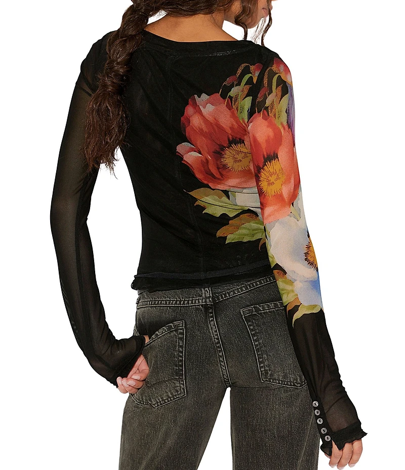 Free People Lilly Floral Printed Boat Neck Long Sleeve Mesh Top