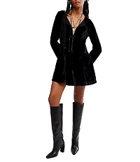 Free People Linney V-Neck Tie Front Long Sleeve Velvet Mini Dress
