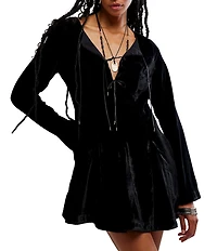 Free People Linney V-Neck Tie Front Long Sleeve Velvet Mini Dress
