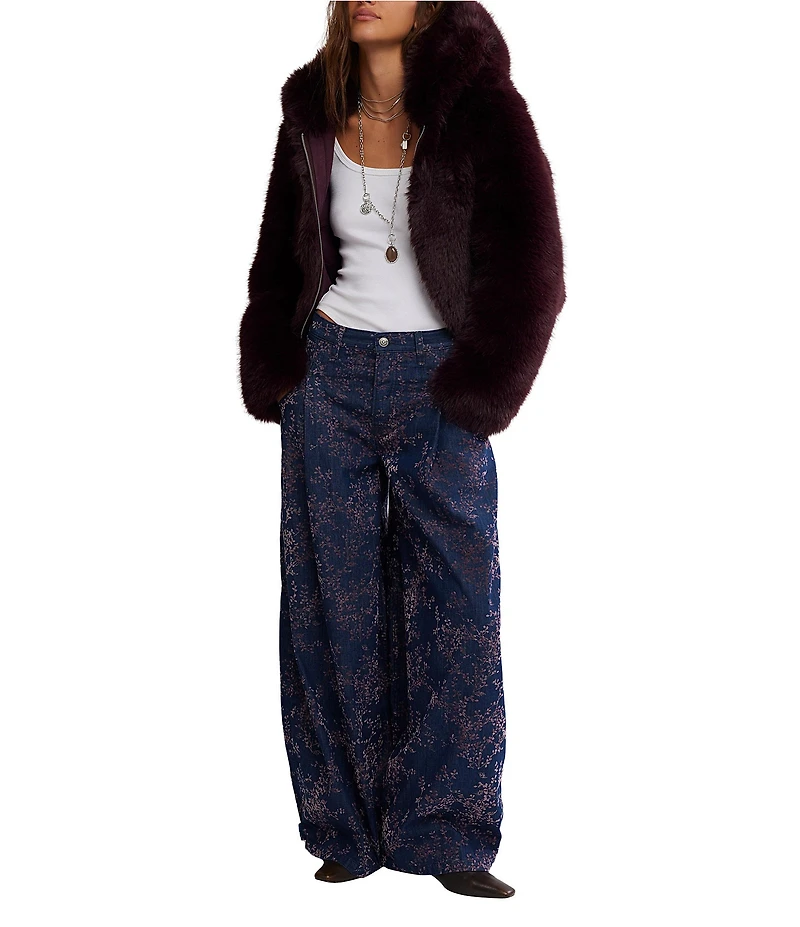 Free People Louder Please Faux Fur Hooded Long Sleeve Cropped Jacket