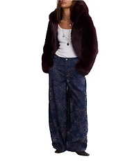 Free People Louder Please Faux Fur Hooded Long Sleeve Cropped Jacket