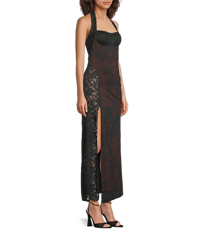 Free People Love You Most Floral Printed Halter Neck Low V-Back Slip Dress