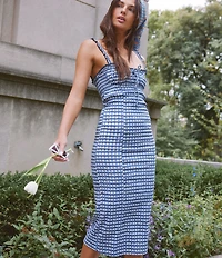 Free People Lucinda Gingham Plaid Square Neck Sleeveless Fitted Midi Dress