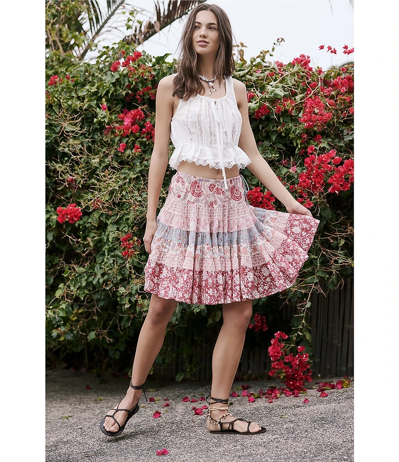 Free People Many Layers Mixed Floral Print Low Rise Tiered Skirt