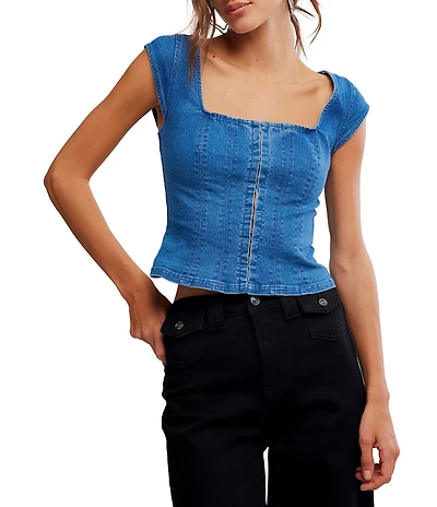 Free People Marilyn Denim Corset Square Neck Cap Sleeve Top