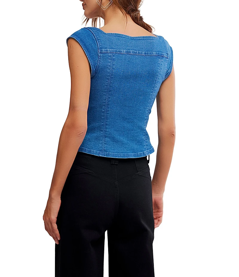 Free People Marilyn Denim Corset Square Neck Cap Sleeve Top