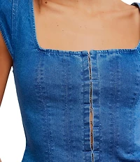 Free People Marilyn Denim Corset Square Neck Cap Sleeve Top