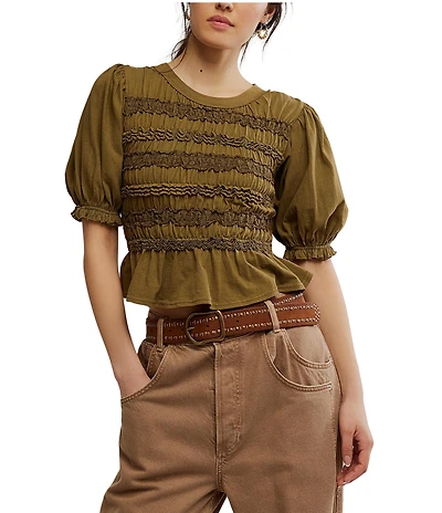 Free People Maxey Crew Neck Short Sleeve Smocked Top