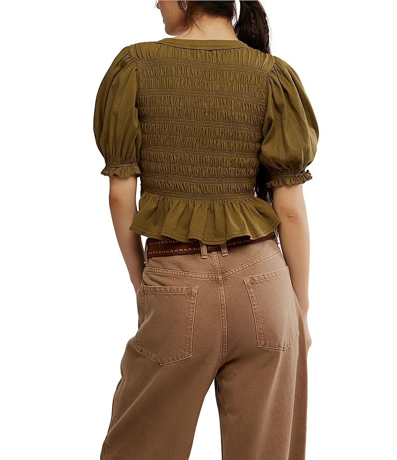 Free People Maxey Crew Neck Short Sleeve Smocked Top