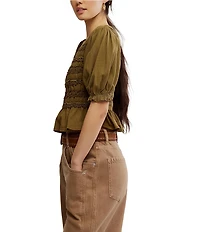 Free People Maxey Crew Neck Short Sleeve Smocked Top