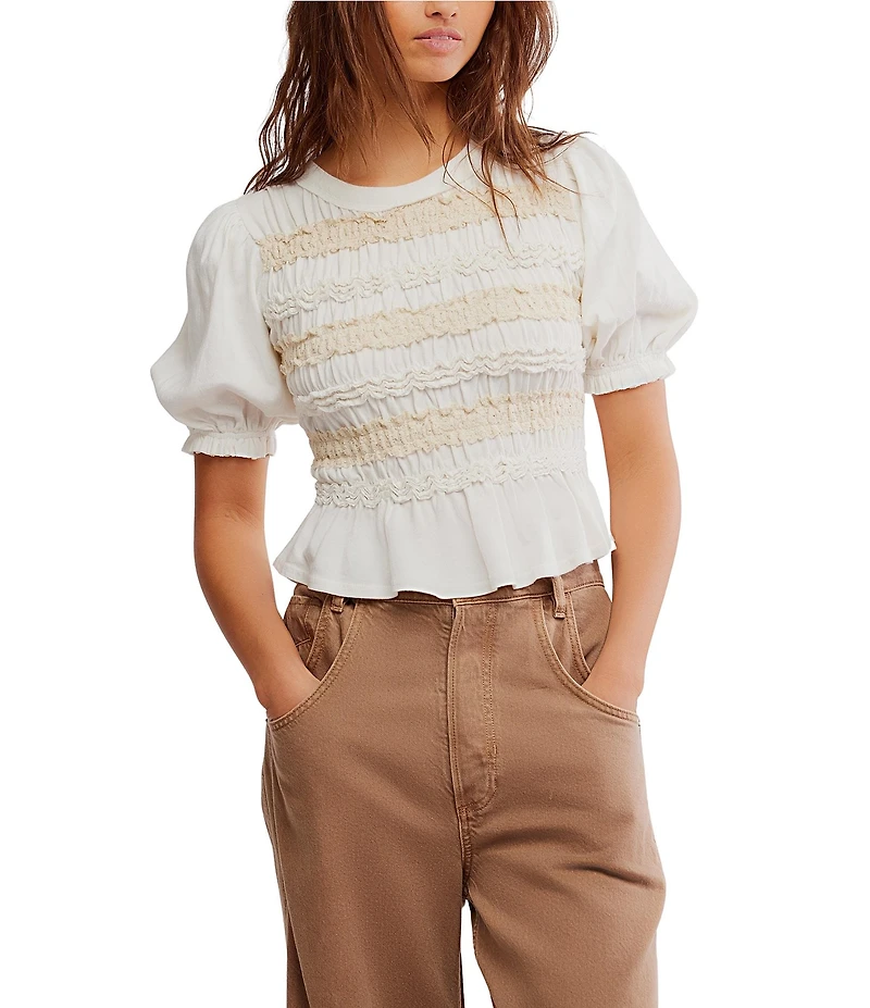 Free People Maxey Crew Neck Short Sleeve Smocked Top