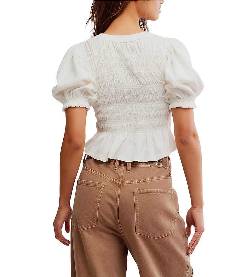 Free People Maxey Crew Neck Short Sleeve Smocked Top