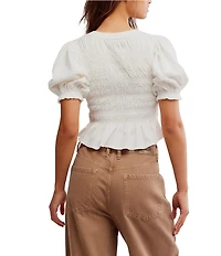 Free People Maxey Crew Neck Short Sleeve Smocked Top