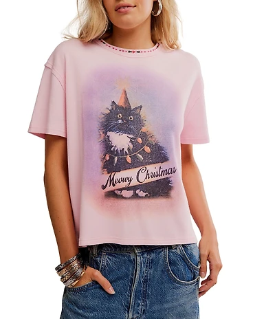 Free People Merry Meowy Christmas Scoop Neck Short Sleeve Kitten Graphic Tee