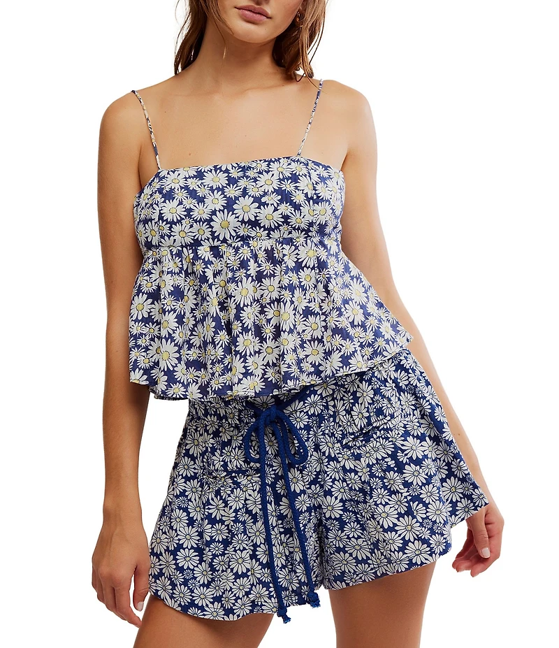 Free People Mia Ditsy Daisy Print Square Neck Sleeveless Peplum Coordinating Tank Top