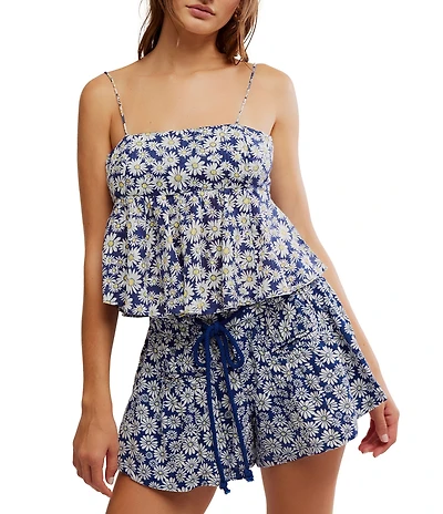 Free People Mia Ditsy Daisy Print Square Neck Sleeveless Peplum Coordinating Tank Top