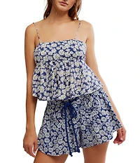 Free People Mia Ditsy Daisy Print Square Neck Sleeveless Peplum Coordinating Tank Top