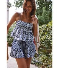 Free People Mia Ditsy Daisy Print Square Neck Sleeveless Peplum Coordinating Tank Top
