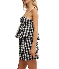 Free People Mia Woven Plaid Square Neck Sleeveless Pleated Peplum Coordinating Tank Top